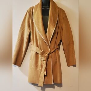 Women's Plush Faux Suede Leather Tan Belted Coat
